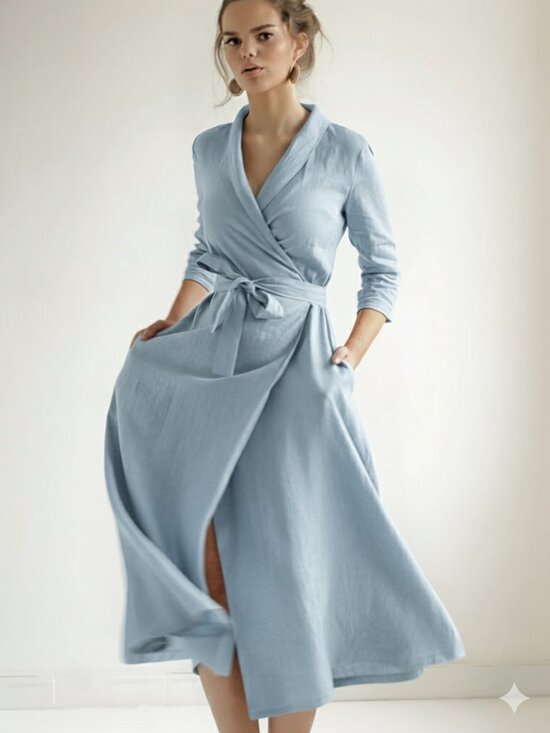 Linen Handmade Studio Dresses & Skirts - Linen Handmade Studio Light Blue 100% Linen Marlena Wrap Midi Dress Size 12 NWT